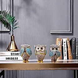 Resin Sculpture Display Decorations, for Home Office Desk, Owl, Blue, 45x64mm, 3pcs/set(PW-WG2FE0F-02)