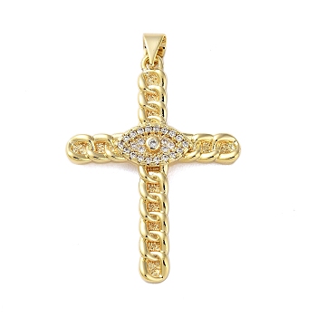 Brass Micro Pave Clear Cubic Zirconia Pendants, Real 18K Gold Plated, Cross, Eye, 36x26~26.5x3~4mm, Hole: 4x3.5mm