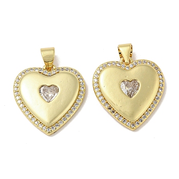 Rack Plating Brass Micro Pave Cubic Zirconia Pendants, Long-Lasting Plated, Lead Free & Cadmium Free, Heart Charms, Real 18K Gold Plated, 19.5x18x3mm, Hole: 5x3mm