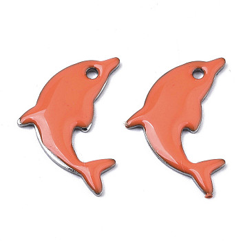 201 Stainless Steel Enamel Pendants, Dolphin, Stainless Steel Color, Coral, 17x11.5x1.5mm, Hole: 1.2mm