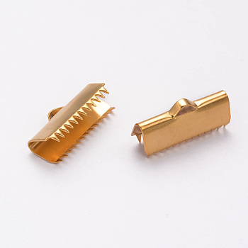 Ion Plating(IP) 304 Stainless Steel Ribbon Crimp Ends, Golden, 9x20mm, Hole: 1.5mm