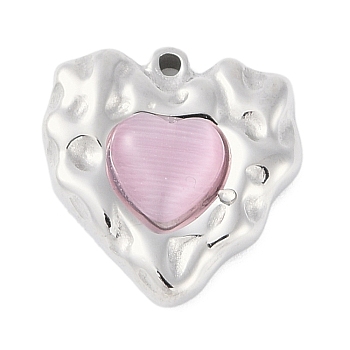 304 Stainless Steel Pendants, with Cat Eye, Heart Charm, Stainless Steel Color, Pink, 18.5x18x5mm, Hole: 1.4mm