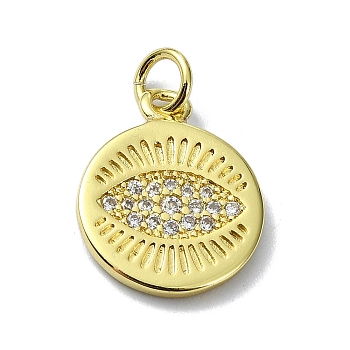 Eye Theme Brass Micro Pave Cubic Zirconia Pendants, with Jump Ring, Real 18K Gold Plated, Round, 16x13x1.5mm, Hole: 3mm