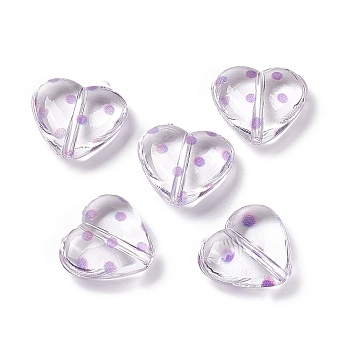 Transparent Acrylic Beads, Heart with Polka Dot Pattern, Clear, Purple, 15.5x17.5x6mm, Hole: 1.7mm