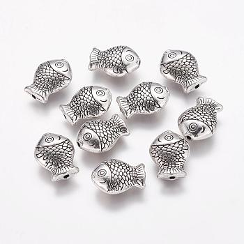 Tibetan Style Alloy Beads, Cadmium Free & Nickel Free & Lead Free, Fish, Antique Silver, 14x11x4mm, Hole: 1mm
