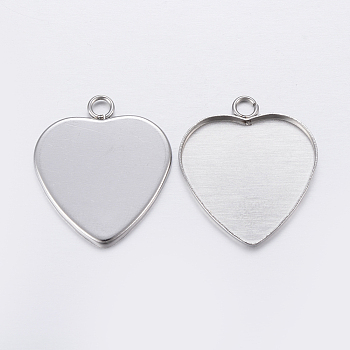 201 Stainless Steel Pendant Cabochon Settings, Plain Edge Bezel Cups, Heart, Stainless Steel Color, Tray: 20x20mm, 24x21x1.5mm, Hole: 2.5mm
