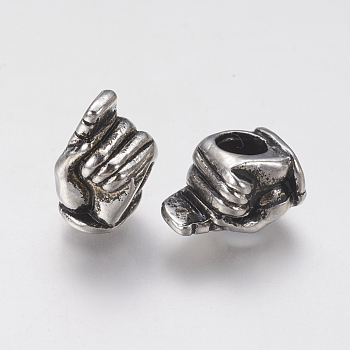 Ion Plating(IP) 304 Stainless Steel European Beads, Large Hole Beads, Hand, Antique Silver, 14x8x9mm, Hole: 4.5mm
