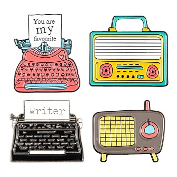 4Pcs 4 Style Creative Zinc Alloy Brooches, Enamel Pin, with Iron Butterfly Clutches or Rubber Clutches, Radio & Typewriter, Mixed Color, 23~30x25.5~30.5mm, Pin: 1mm, 1pc/style