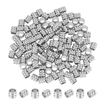 120Pcs 201 Stainless Steel Beads, Grooved Beads, Column, Stainless Steel Color, 4x4mm, Hole: 2.8mm