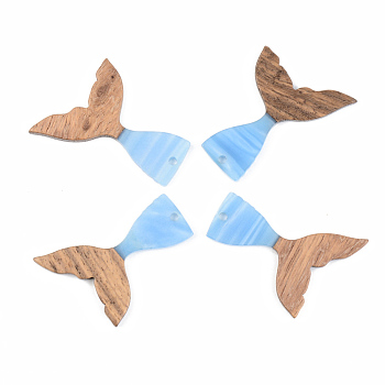 Opaque Resin & Walnut Wood Pendants, Mermaid Fishtail Shape, Cornflower Blue, 39x28x3mm, Hole: 2mm