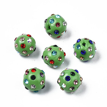 Polymer Clay Rhinestone Beads, Pave Disco Ball Beads, Round, Dark Sea Green, PP15(2.1~2.2mm), 9~10.5x9mm, Hole: 1.2mm