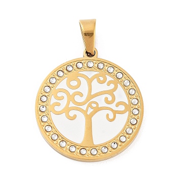 304 Stainless Steel Pendant, with Rhinestone and Enamel, Golden, Tree of Life, 27.5x25x2.4mm, Hole: 6x4mm