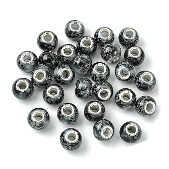Two Tone Glass European Beads, Large Hole Beads, with Silver Tone Brass Double Cores, Rondelle, Black, 15x11mm, Hole: 5mm