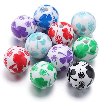 10Pcs Opaque Printed Acrylic Beads, Clover Straight Hole Round Beads, Mixed Color, 15x15mm, Hole: 3mm