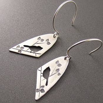 Hollow Bird with Branch Alloy Dangle Earrings, Antique Silver, 40x12mm