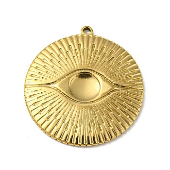 Ion Plating(IP) 304 Stainless Steel Pendants, Flat Round with Eye Charm, Real 18K Gold Plated, 26x24x2mm, Hole: 1.4mm