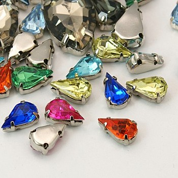 Sew on Rhinestone, Multi-strand Links, Multi-strand Links, Acrylic Rhinestone, with Brass Prong Settings, Garments Accessories, teardrop, Platinum Metal Color, Mixed Color, 13x8x5.5mm, Hole: 1mm