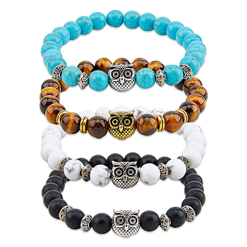 FIBLOOM 4Pcs 4 Styles Natural & Synthetic Mixed Gemstone & Glass & Alloy Owl Beaded Stretch Bracelets Set for Women, Inner Diameter: 2-1/8 inch(5.3cm), 1Pc/style