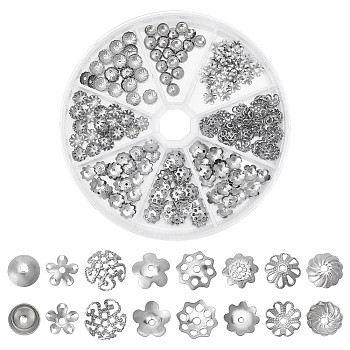 Elite 240Pcs 8 Style 304 Stainless Steel Bead Caps, Stainless Steel Color, 6~8x1.5~2.5mm, Hole: 0.5~1.2mm, 30pcs/style