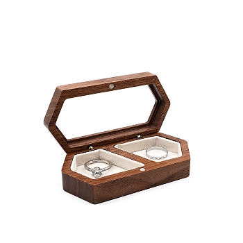 2-Slot Hexagon Walnut Wood Magnetic Wedding Ring Gift Case, Clear Window Jewelry Box with Velvet Inside, for Couple Rings, Floral White, 10x5x2.8cm