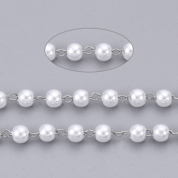 Handmade ABS Plastic Imitation Pearl Beaded Chains, Soldered, with 304 Stainless Steel Chain and Spool, Creamy White, Platinum, Link: 2.5x1.5x0.3mm, about 65.61 Feet(20m)/roll