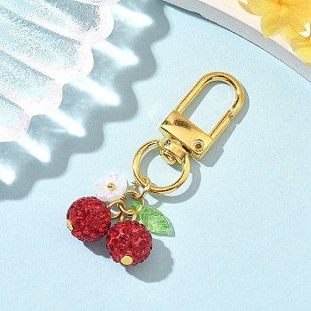 Polymer Clay Rhinestone Cherry Pendant Decorations, with Transparent Acrylic Charms & Alloy Swivel Clasps, FireBrick, 50mm