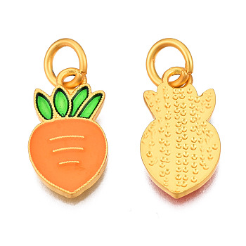 Alloy Enamel Charms, with Jump Rings, Matte Gold Color, Cadmium Free & Lead Free, Carrot, Dark Orange, 11x9x1.5mm, Jump Ring: 6x1mm, 4mm inner diameter