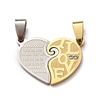 304 Stainless Steel Rhinestone Split Pendants, Couples Pendants, Heart with Word LOVE & Engraved Quote Charm, Real Gold Plated & Stainless Steel Color, 20x27.5x2.5mm, Hole: 8x4.5mm(STAS-F368-21GP)