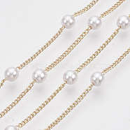 3.28 Feet Handmade Brass Chains, with Round ABS Plastic Imitation Pearl Beads, Soldered, with Spool, Creamy White, Light Gold, 2x1.2x0.4mm(X-CHC-T008-05LG)
