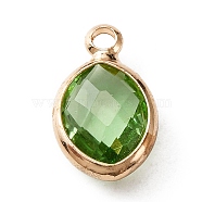 Faceted Glass Pendants, August Birthstone Charms, with Brass Cabochon Settings, Oval, Golden, Light Green, 13x8x4mm, Hole: 1.6mm(KK-WH0046-59G-08)