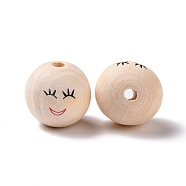 Printed Wood European Beads, Large Hole Round Bead with Smiling Face Pattern, Undyed, Bisque, 20x17.5mm, Hole: 4.7mm, about 217pcs/500g(WOOD-C001-03A-06)