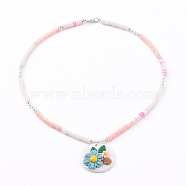 Handmade Polymer Clay Pendant Necklaces, Heishi Beads, with Brass Beads, Flat Round with Flower, Colorful, 17.4 inch(44.2cm)(NJEW-JN03380)