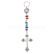 Tibetan Style Alloy Keychains, with Chakra Gemstone Chips and 304 Stainless Steel Split Key Rings, Cross, 170mm(KEYC-JKC00552-01)
