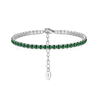 Rhodium Plated Real Platinum Plated 925 Sterling Silver Link Chain Bracelet, Cubic Zirconia Tennis Bracelets, with S925 Stamp, Green, 6-5/8 inch(16.8cm)(BJEW-P311-01P-04)