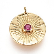 Brass Micro Pave Cubic Zirconia Pendants, Flat Round, Deep Pink, Golden, 16.5x14x3mm, Hole: 1.3mm(ZIRC-L075-63A-G)