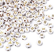 Plating Acrylic Beads, Metal Enlaced, Horizontal Hole, Mixed Letters, Flat Round, Golden Plated, 7x4mm, Hole: 1.8mm(X-PACR-Q112-07)