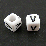 Letter Acrylic European Beads, Horizontal Hole, Cube, Letter.V, 10x10x10mm, Hole: 3.5~4mm, about 59pcs/50g(X-OPDL-R050-10mm-V)