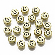 Plating Acrylic Beads, Horizontal Hole, Flat Round with Letter, Golden Plated, Black, Letter.G, 7x4mm, Hole: 1.2mm.(X-PACR-CD0001-G)