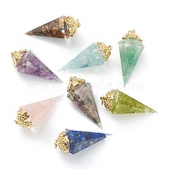 Resin Pointed Pendants, with Natural Mixed Gemstone Inside and Golden Brass Findings, Faceted, Cone/Spike/Pendulum, 43.5x17x19.5mm, Jump Ring: 6x1mm, 4mm Inner Diameter(G-L571-01-G)