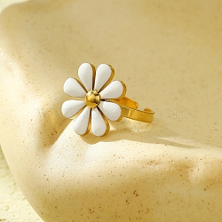 304 Stainless Steel Enamel Stud Rings for Women, Flower, White, Adjustable, Flower: 18x18mm(RJEW-U023-01G-03)