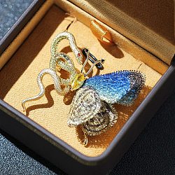 Snake & Butterfly Brass Micro Pave Cubic Zirconia Brooches, Mixed Color, 40x53.5mm(JEWB-V003-04G)