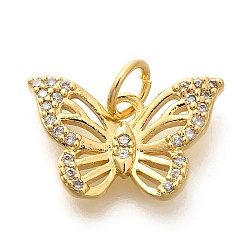 Rack Plating Brass Micro Pave Cubic Zirconia Pendant, Long-Lasting Plated, Lead Free & Cadmium Free, Butterfly Charms, with Jump Ring, Real 18K Gold Plated, 10x15.5x2.5mm(KK-H508-27G)