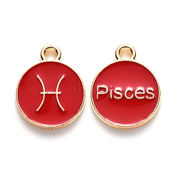 Alloy Enamel Pendants, Cadmium Free & Lead Free, Flat Round with Constellation, Light Gold, Red, Pisces, 22x18x2mm, Hole: 1.5mm(ENAM-S124-01A-07H)