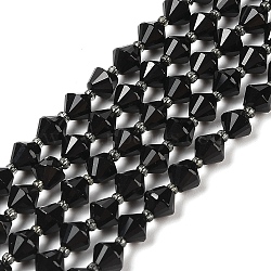 Natural Black Onyx Beads Strands, Dyed & Heated, Faceted Bicone, with Seed Beads, 8x8mm, Hole: 1.2mm, about 36~40pcs/strand, 14.96 inch(38cm)(G-NH0001-F01-01B)