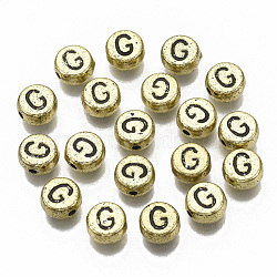 Plating Acrylic Beads, Horizontal Hole, Flat Round with Letter, Golden Plated, Black, Letter.G, 7x4mm, Hole: 1.2mm.(X-PACR-CD0001-G)