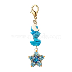 TOHO Seed Pendant Decorations, with Synthetic Turquoise Beads and Pointed Back & Back Plated K9 Glass Rhinestone Cabochons, Zinc Alloy Lobster Claw Clasps, Star, 65~66mm, Pendants: 49~50x18~19x6~7mm(HJEW-MZ00039-02)