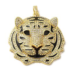 Brass Micro Pave Clear Cubic Zirconia with Enamel Pendants, Real 18K Gold Plated, Tiger, 44.5x44.5x12mm, Hole: 7x4mm(KK-R162-073C-G)