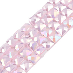 Electroplate Opaque Solid Color Glass Beads Strands, AB Color Plated, Faceted, Square, Pink, 6x6x4.5mm, Hole: 1.2mm, about 95~98Pcs/strand, 24.41 inch(62cm)(EGLA-N002-42-01)