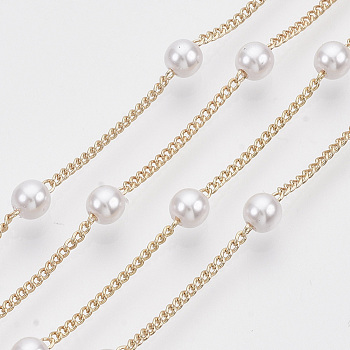 3.28 Feet Handmade Brass Chains, with Round ABS Plastic Imitation Pearl Beads, Soldered, with Spool, Creamy White, Light Gold, 2x1.2x0.4mm