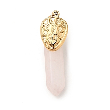 Snake Head Natural Rose Quartz Pointed Pendants, with Ion Plating(IP) Platinum & Golden Tone 304 Stainless Steel Findings, Faceted Bullet Charm, 40mm, Snake Head: 19.5x13x2.5mm, Bullet: 32x8x8.5mm, Hole: 3.4mm